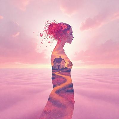 The primary subject of the image is a woman with a flower in her hair. She is standing in front of a house, which is part of a picturesque scene. The setting includes a field and a sky, creating a serene and peaceful atmosphere. The visual style of the image is a combination of photo and digital art, giving it a unique and artistic appearance. The dominant colors in the image are pink and purple, which contribute to the overall mood of the scene.